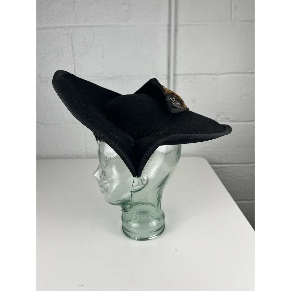 Vintage 40s 50s Tilt Hat Black Feather Brown Tan Felt USA Asymmetrical Wool Felt